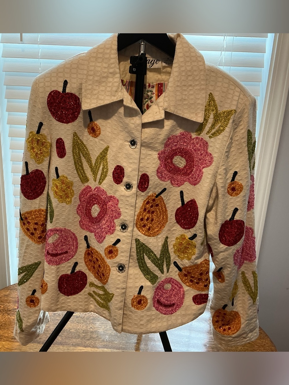Vintage 90s Anage White Cotton Jacket with Fruit and Floral Embroidery